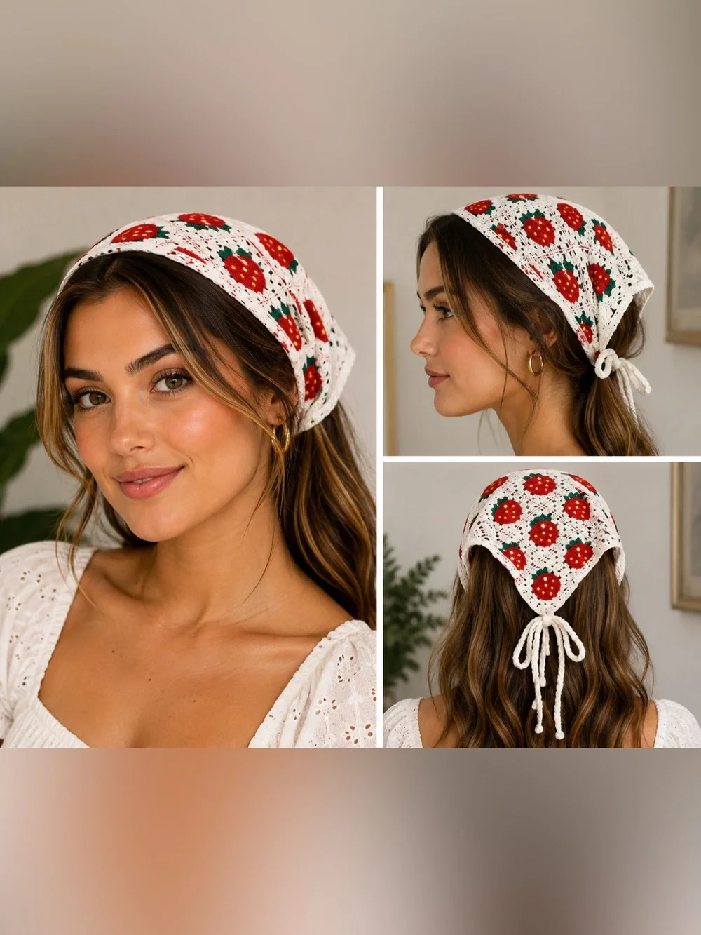 Hand Crocheted Strawberry Head Wrap Boho Bandana Cottagecore